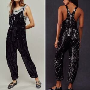 NEW FREE PEOPLE JUMPSUIT BLACK ONE PIECE SEQUIN EMBELLISHED OVERALL PARTY ONESIE